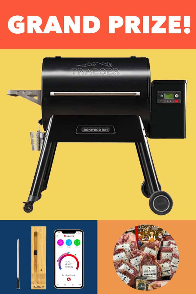 A collage of the three grand prize items of the Nom Nom Paleo Let's Go sweepstakes: a Traeger grill, a Meater thermometer, and a pork and beef pack from Five Marys Farms.