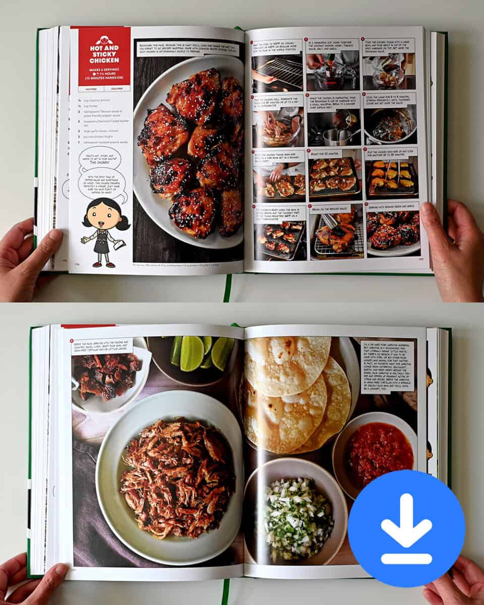 Two spreads from the Nom Nom Paleo: Let's Go! cookbook, showing Hot and Sticky Chicken and Duck Carnitas