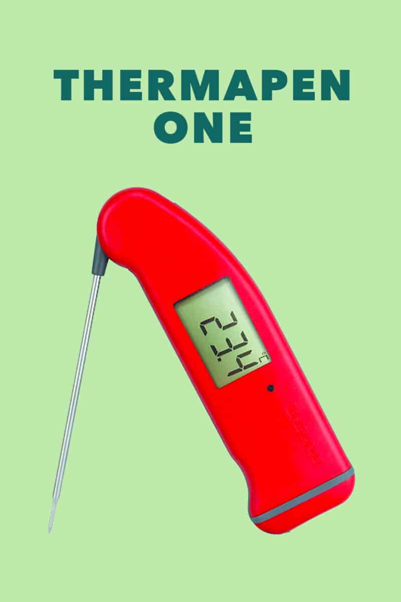 A red Thermapen One on a green background.