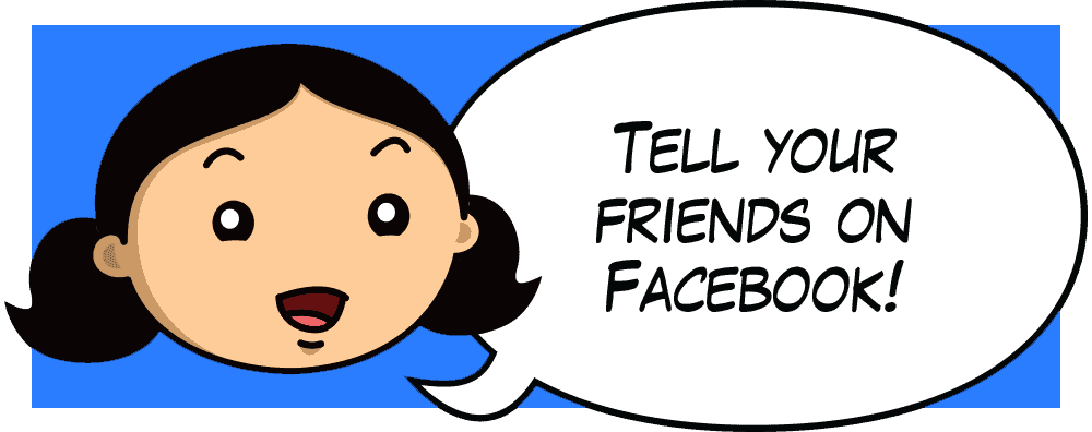 Cartoon image of Michelle Tam's face saying "Tell your friends on Facebook!"