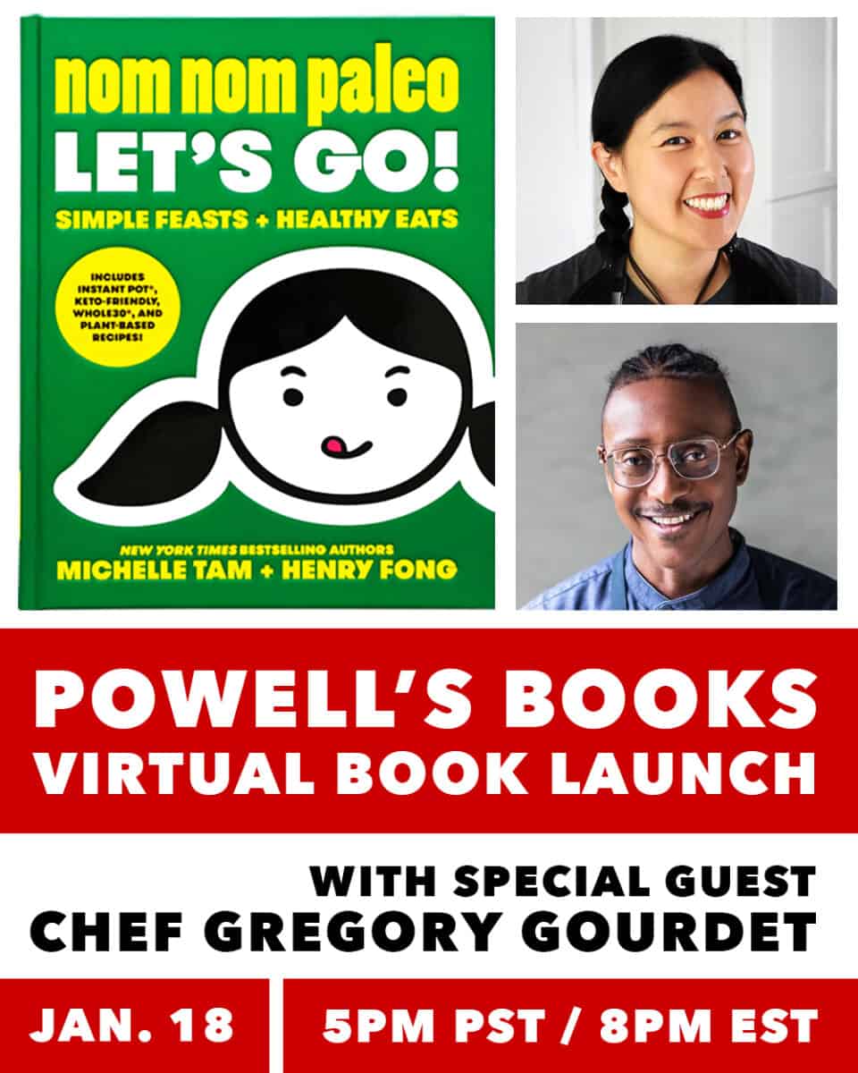 A poster of the virtual book event for Nom Nom Paleo: Let's Go cookbook at Powell's bookstore with Michelle Tam and Gregory Gourdet