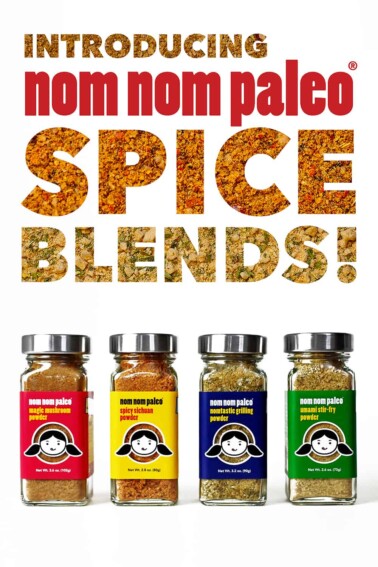 A poster that reads: "Introducing Nom Nom Paleo Spice Blends!" and showing the four Nom Nom Paleo spice blend bottles