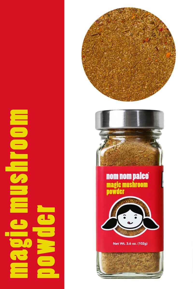 Image of the Nom Nom Paleo Magic Mushroom Powder bottle and spice blend