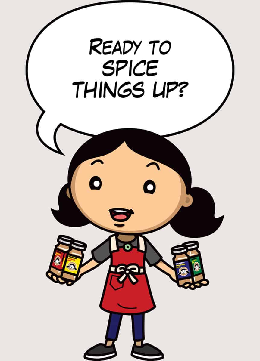 A cartoon image of Michelle Tam holding 4 bottles of spice blends and saying: "Ready to spice things up?"
