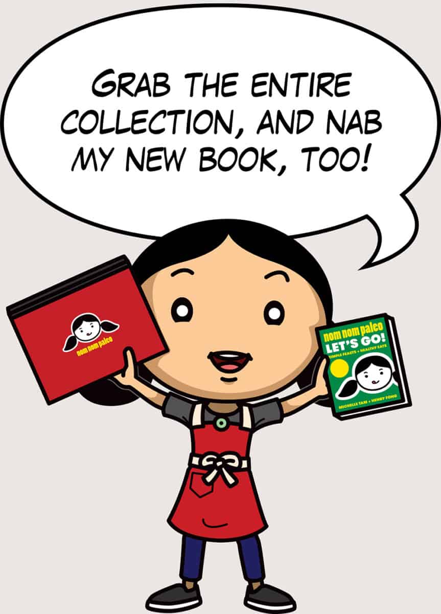 A cartoon image of Michelle Tam holding up the spice blend collection and a copy of the Nom Nom Paleo: Let's Go! cookbook, saying "Grab the entire collection, and nab a copy of my new book, too!"