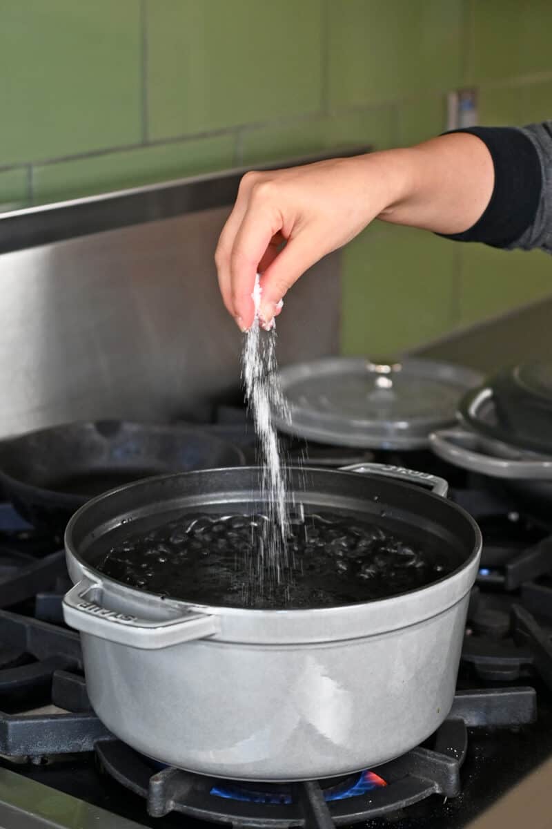 A hand is adding salt inside a large stockpot filled with water