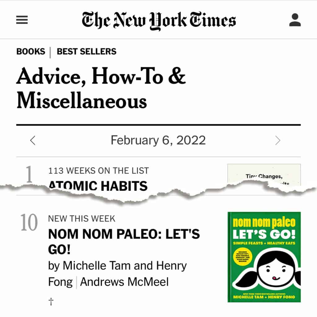 The New York Times Advice, How-To & Miscellaneous Best sellers list from February 6, 2022, that shows Nom Nom Paleo: Let's Go at the number 10 position.