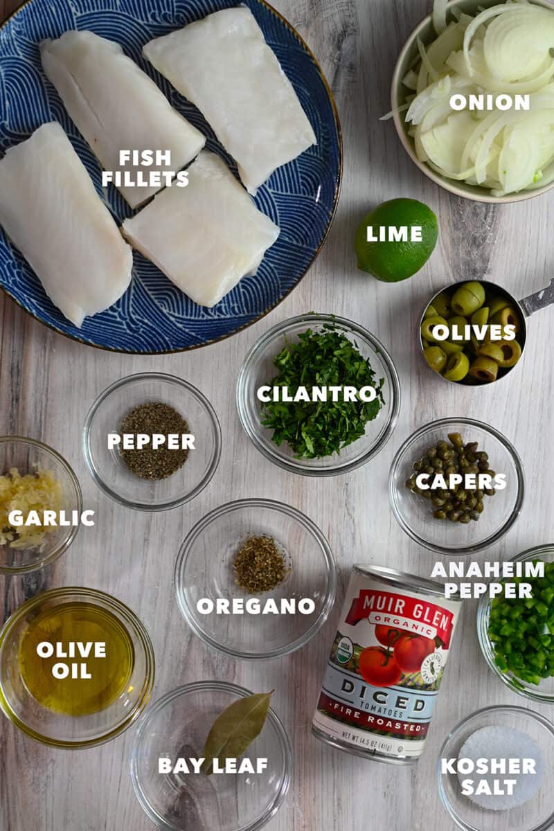 Raw ingredients to make fish in Veracruz sauce, a paleo, Whole30, and keto dish
