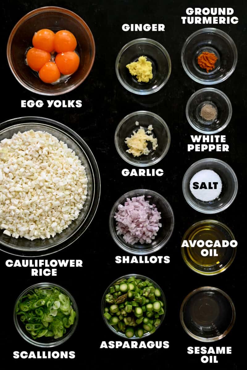 An overhead shot of the raw ingredients for golden cauliflower fried rice.
