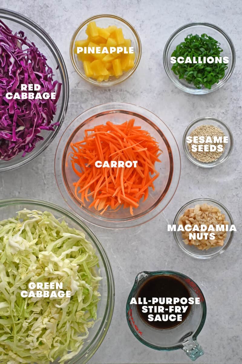 An overhead shot of the raw ingredients needed to make pineapple coleslaw.