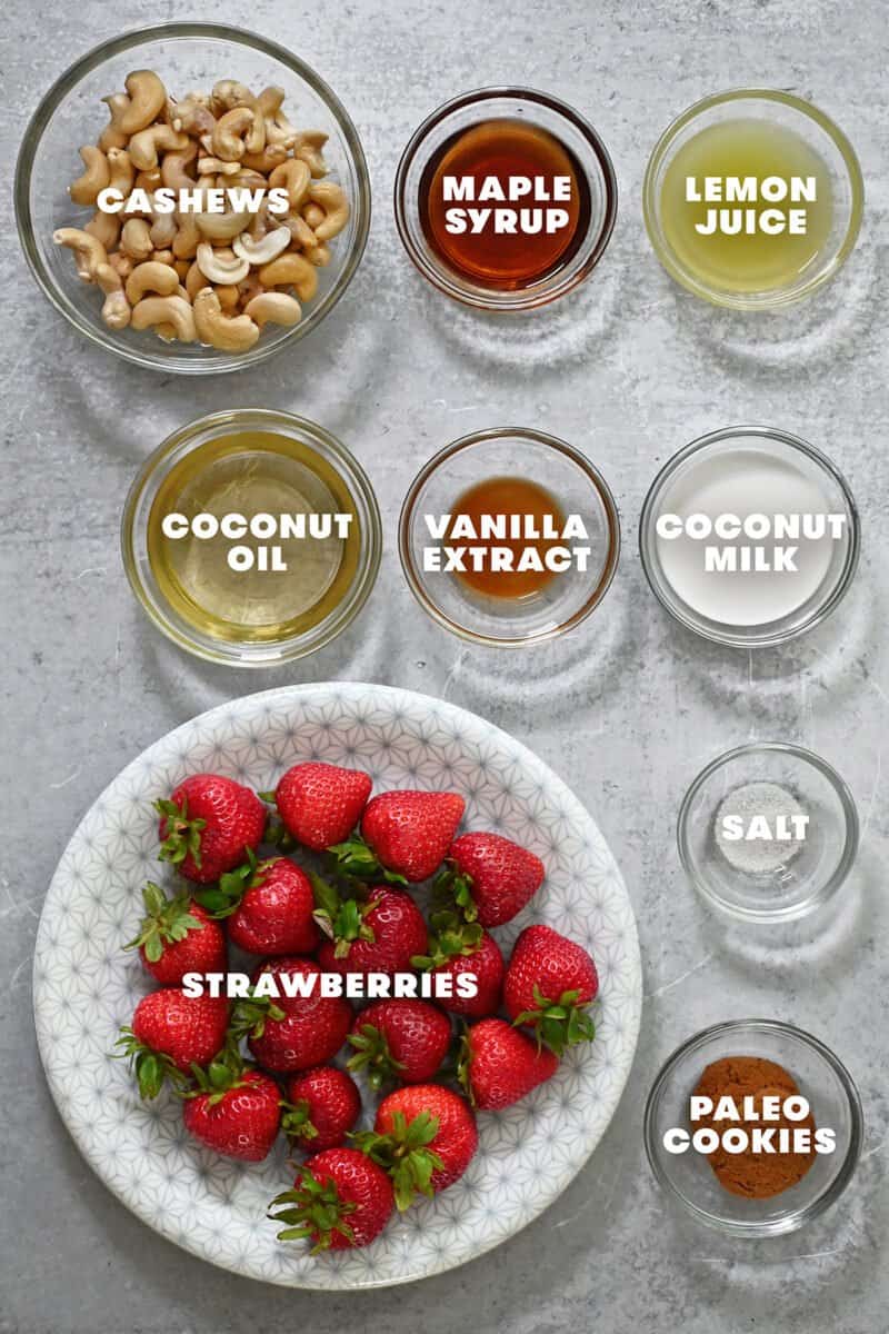 A labelled picture of the raw ingredients for paleo and vegan cheesecake stuffed strawberries