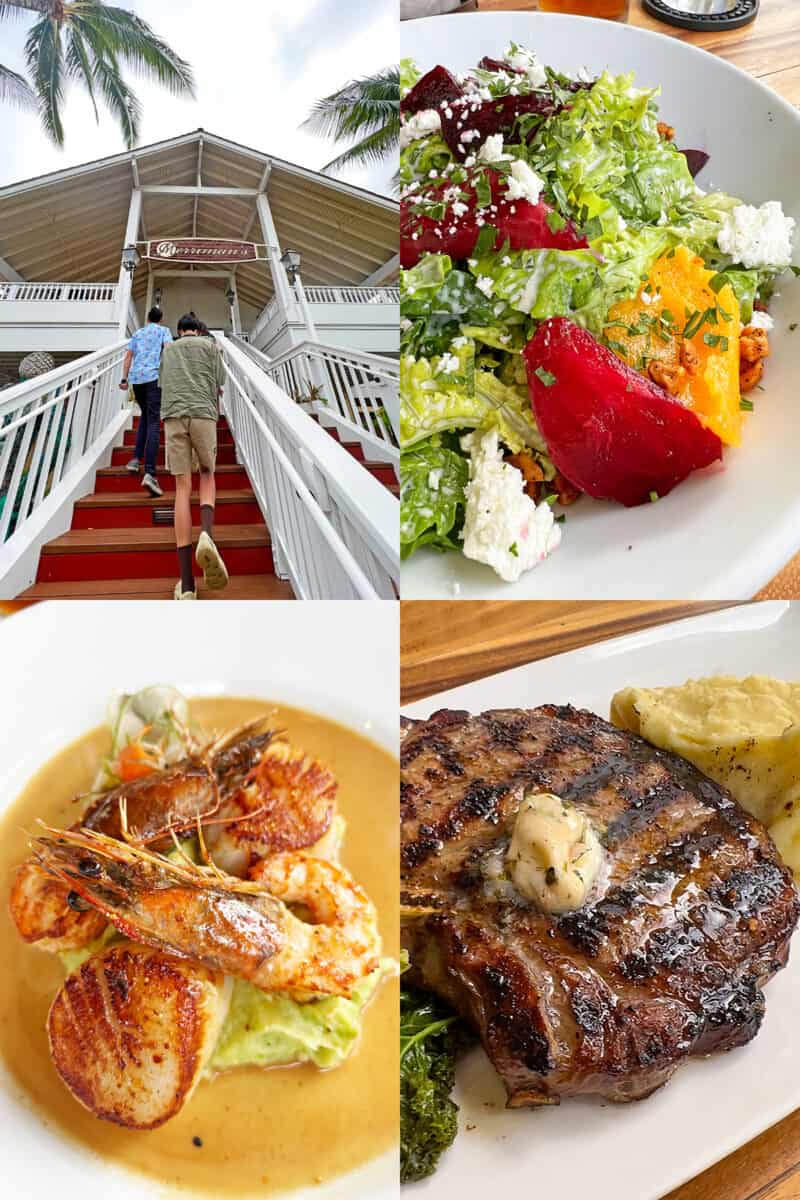 A collage of photos the food and location of Merriman's restaurant in Poipu on the island of Kauai.