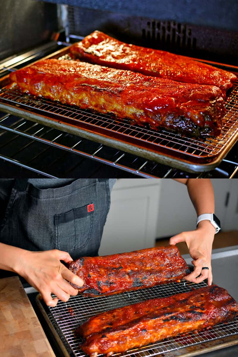 Broiling the baby back ribs in the oven and then taking out.