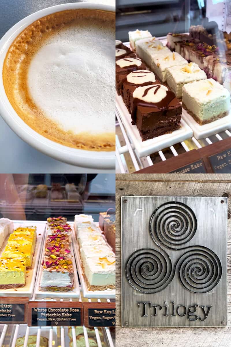 A collage of coffee drinks and vegan desserts offered at Trilogy Coffee in Kauai.