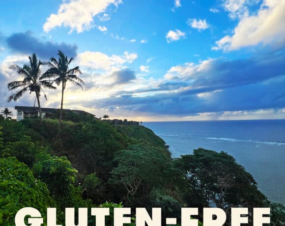 A sunset on the coast of Kauai. The text says Gluten-Free Kauai.