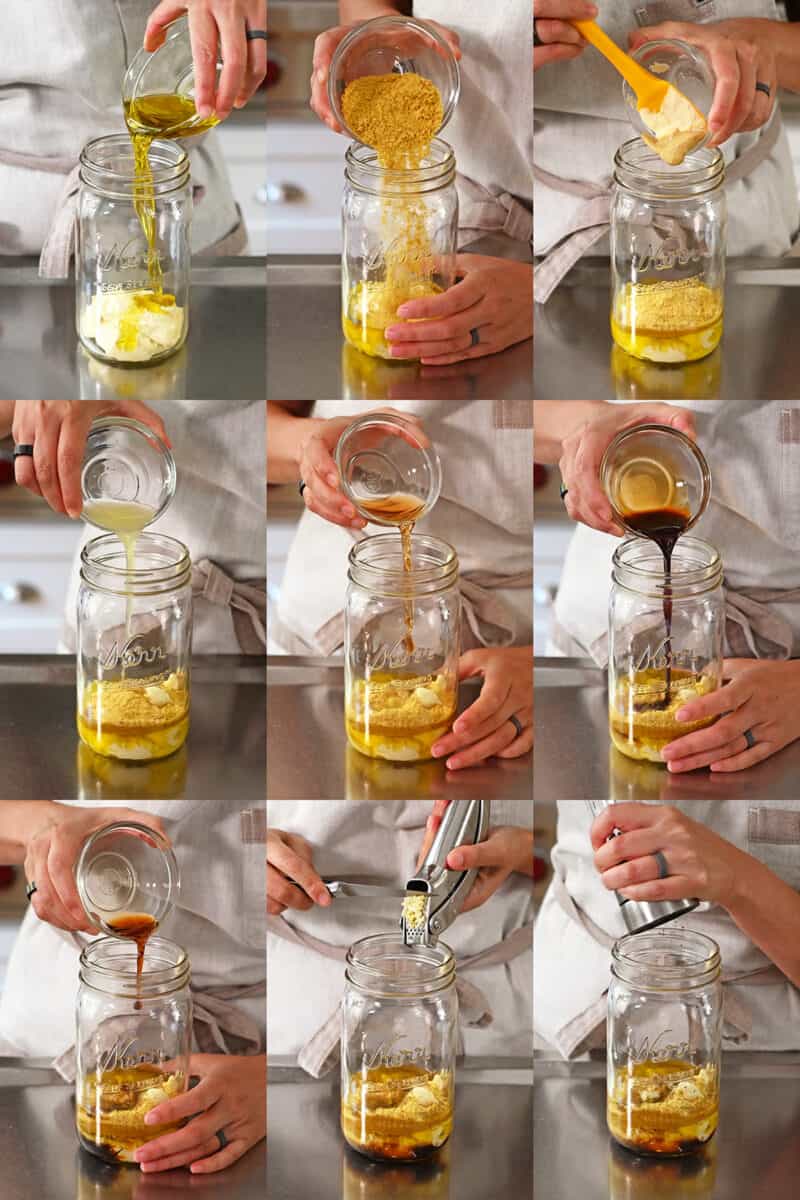 A sequence of photos that show the ingredients being added to a mason jar to make Whole30 caesar dressing.