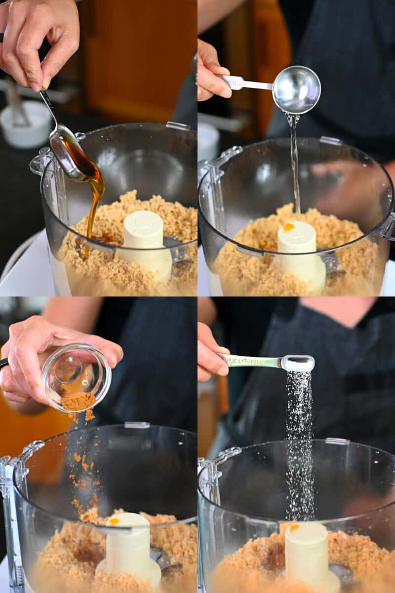 A collage of pictures showing someone adding the ingredients for the coconut cream bar crust into an open food processor.
