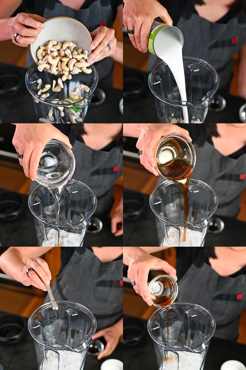A collage of someone adding the coconut cream bar filling ingredients into an open Vitamix blender.