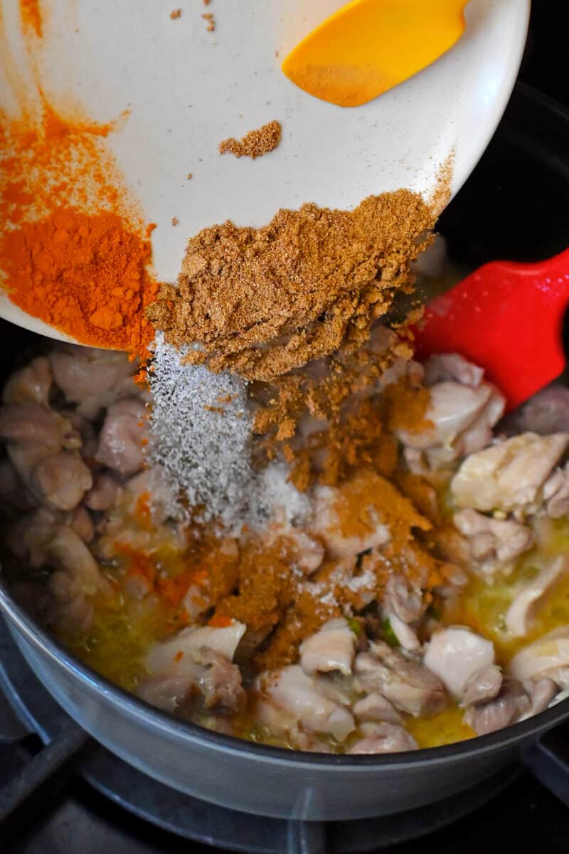 Adding the dried spices and seasoning to the chicken and onions in a pot to make chicken saag.