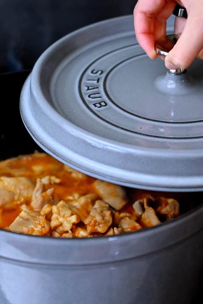 Putting the lid on a gray Dutch oven filled with a red colored simmering chicken curry.