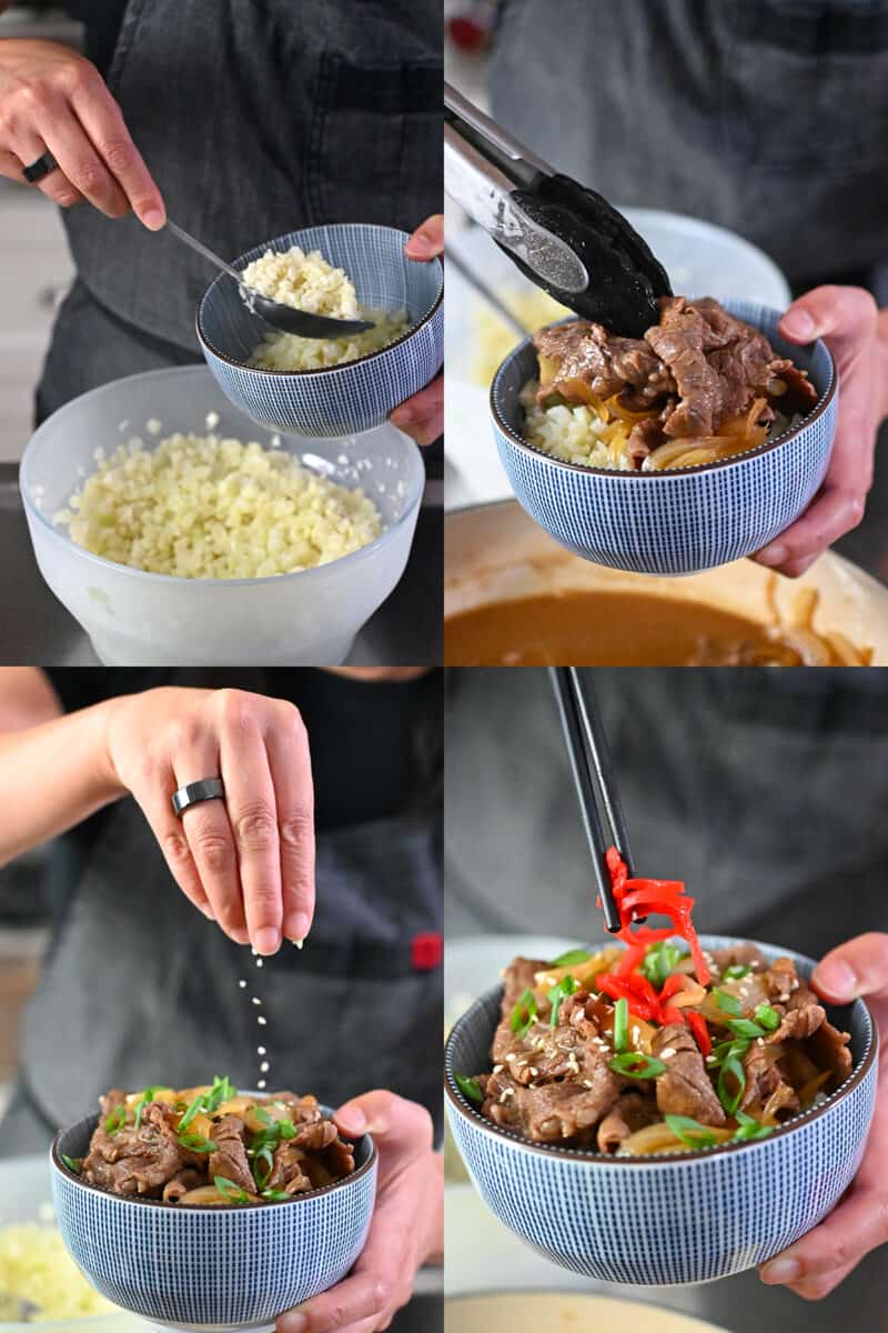 Four pictures showing someone assembling a paleo and low carb Gyudon, Japanese beef bowl, with cauliflower rice, beef, scallions, sesame seeds, and pickled red ginger.