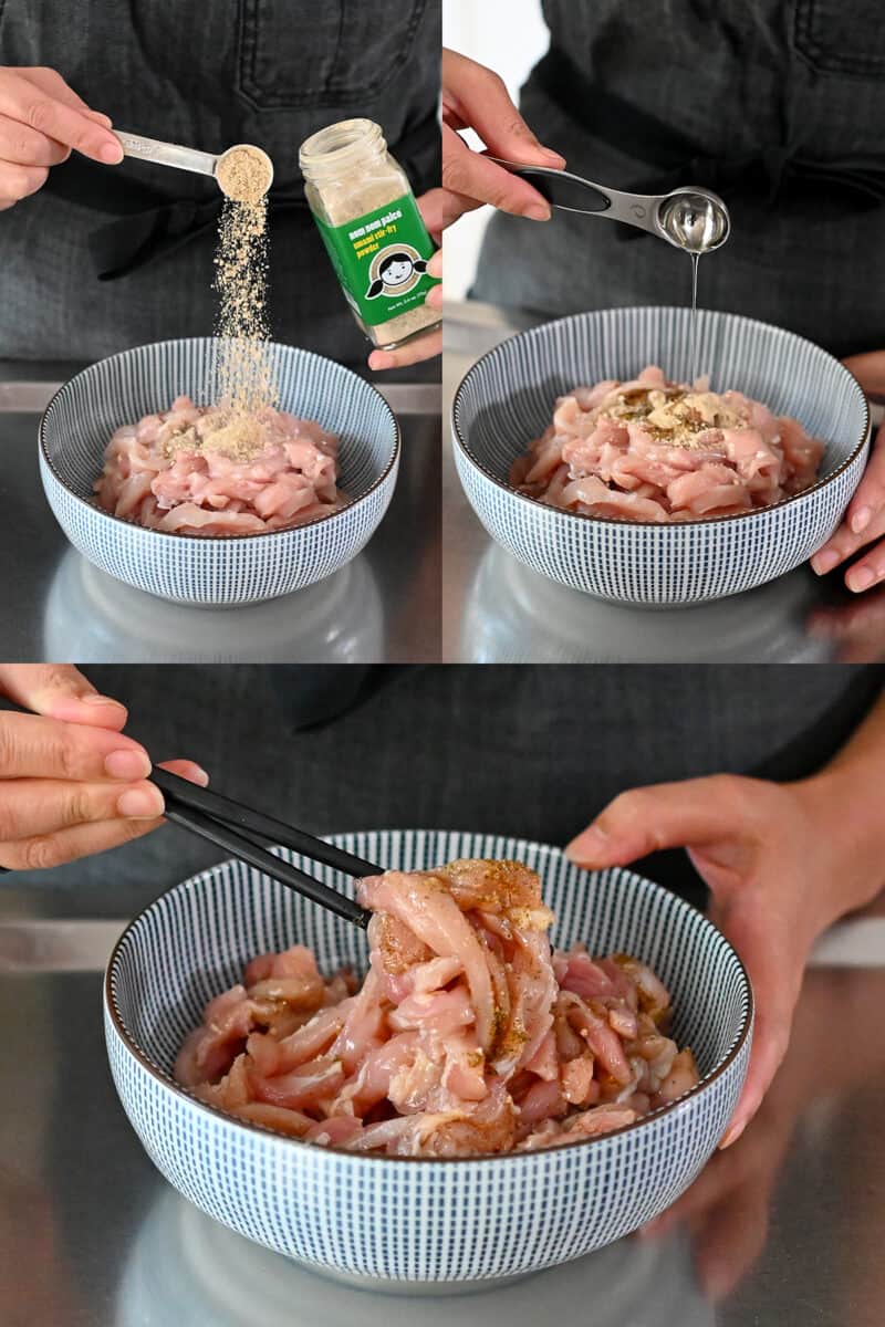 Seasoning thinly sliced raw chicken thighs with Umami Stir-Fry Powder and oil and tossing everything with chopsticks.
