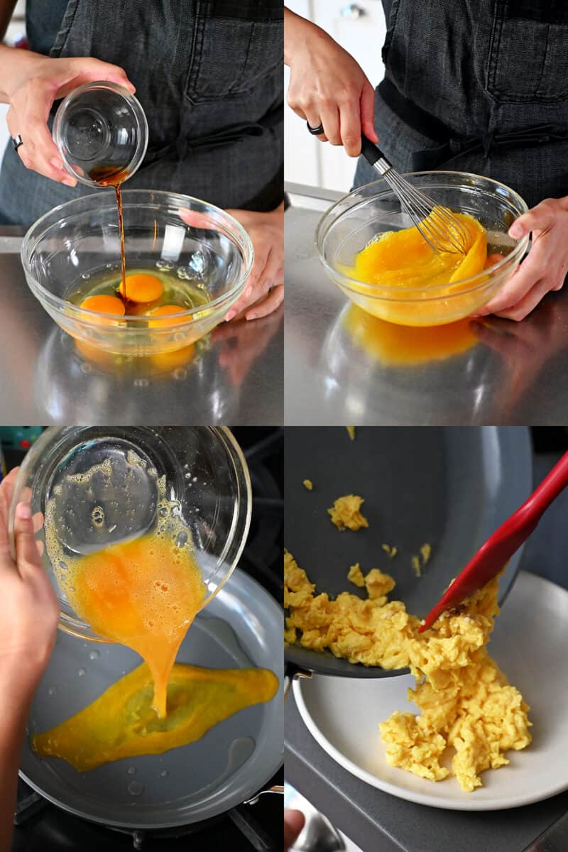 Seasoning raw eggs in a glass bowl with fish sauce and whisking them up before cooking them in a pan.