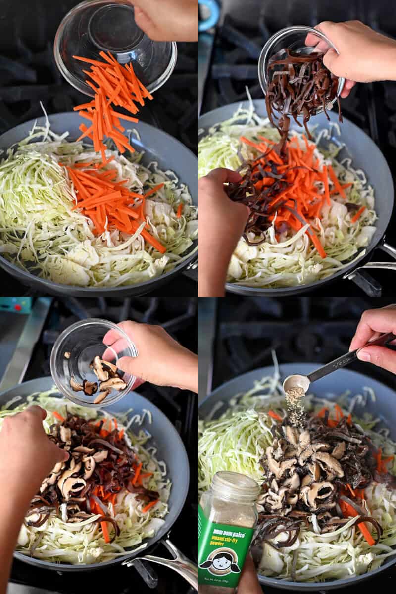 Adding the shredded cabbage, sliced carrots, and sliced mushrooms to a large skillet to make Moo Shu Chicken.