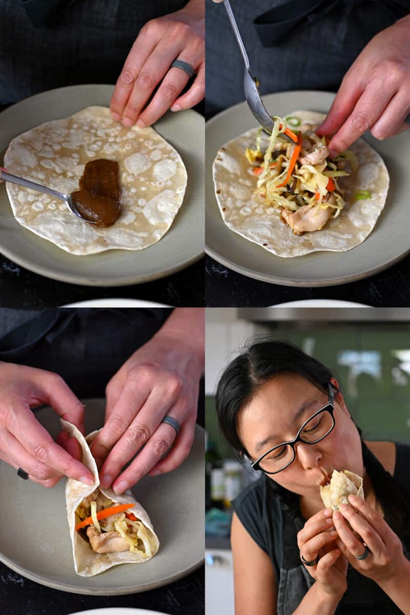 The steps that show how to eat Moo Shu Chicken: Slater hoisin sauce on a wrapper, add the filling, roll it up in the wrapper, and take a bite.