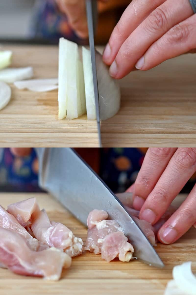 Slicing a quarter of a peeled onion into thin slices and cutting a boneless, skinless chicken thigh into small pieces