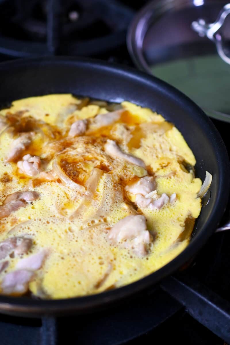 A closeup of a skillet filled with paleo and low carb oyakodon, Japanese chicken and egg bowl.