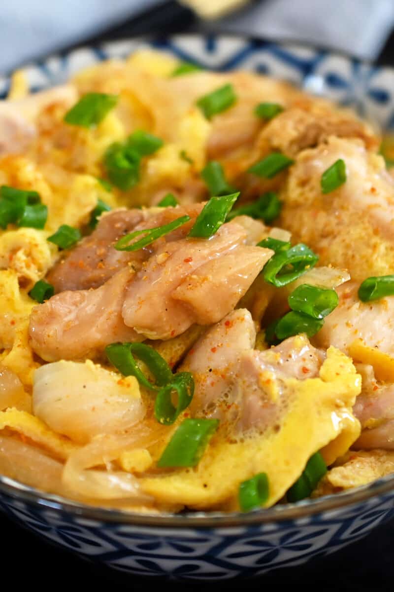 A closeup of a bowl filled with paleo and low carb oyakodon, a Japanese chicken and egg dish over cauliflower rice.