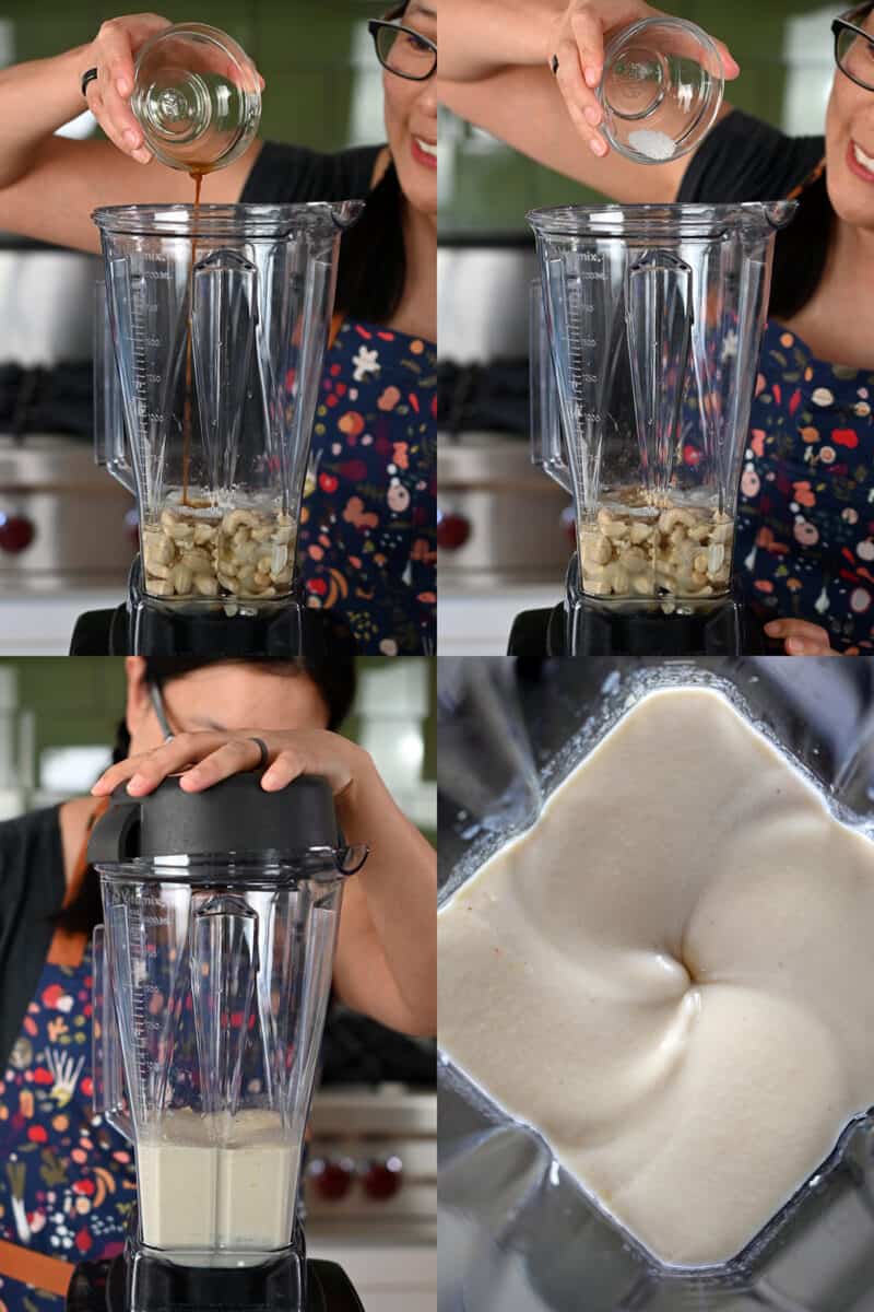 Four photos that show someone making vegan cream cheese frosting in a. Vitamix blender.