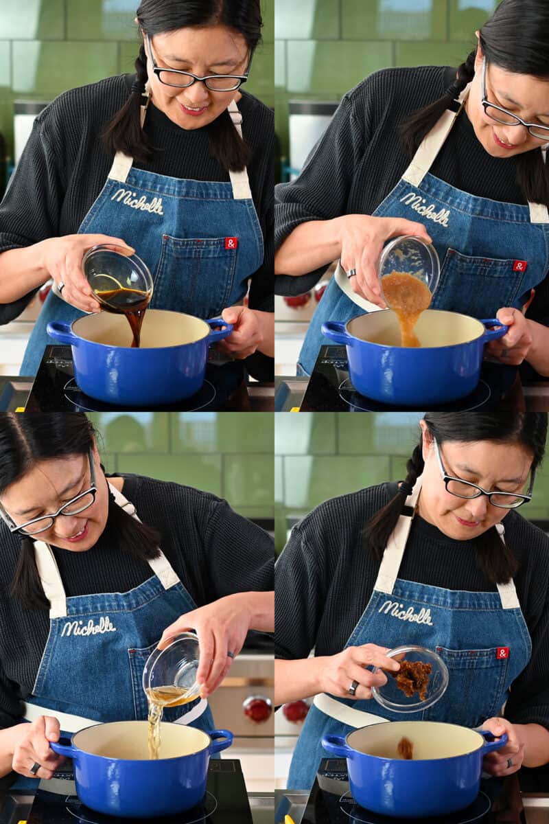 Four process shots that show an Asian woman adding ingredients for Tonkatsu Sauce into a blue saucepan.