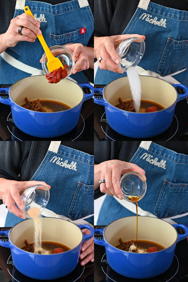 A series of four shots that shows someone adding tomato paste, salt, spices, and fish sauce to a saucepan to make homemade Tonkatsu Sauce.