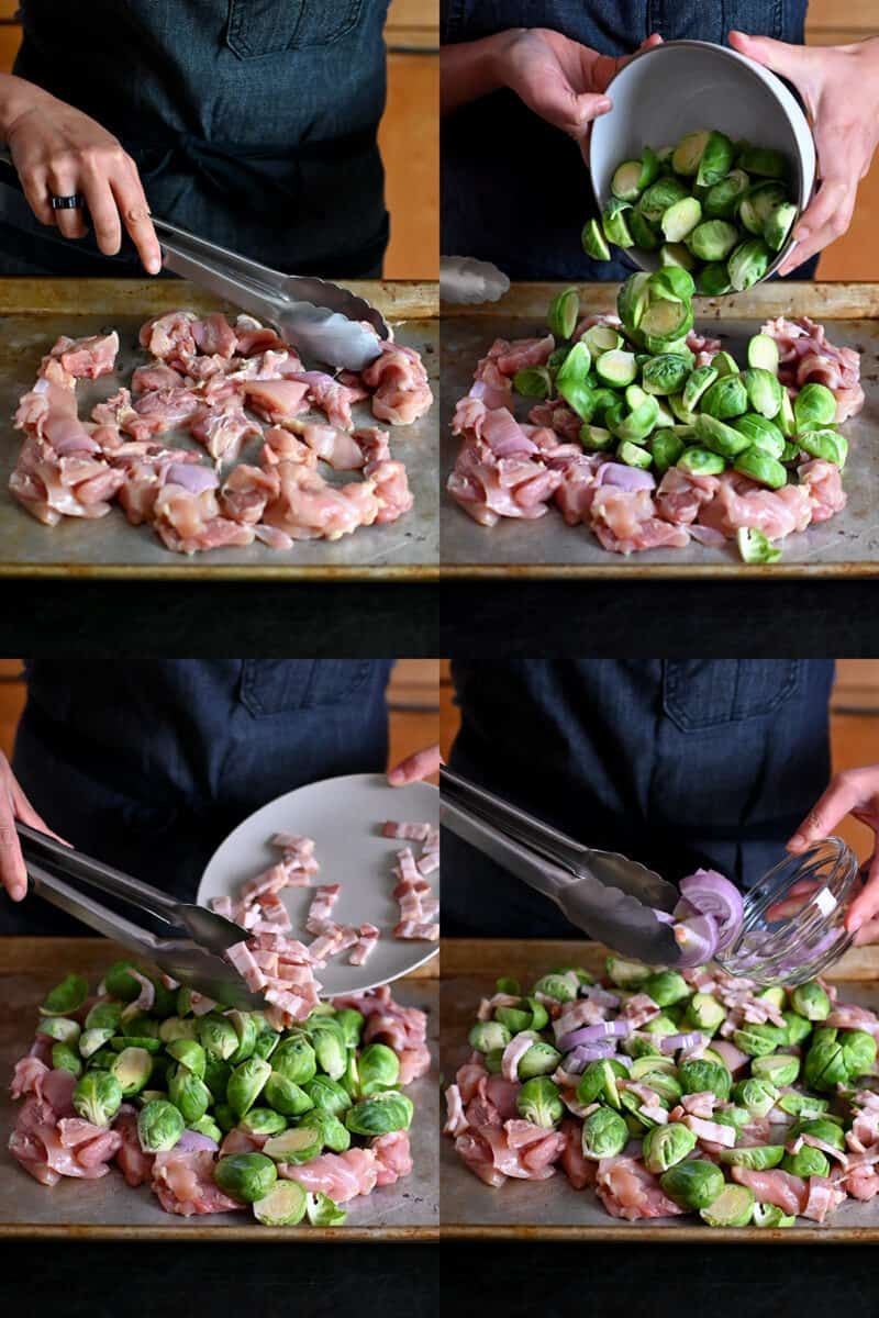 A sequence of four shots that show someone adding cubed chicken thighs to a sheet pan, followed by halved Brussels sprouts, sliced bacon, and sliced shallots.