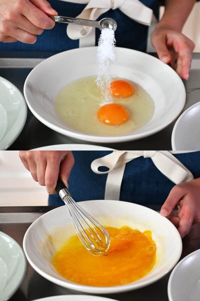 Whisking two eggs and salt in a shallow dish.