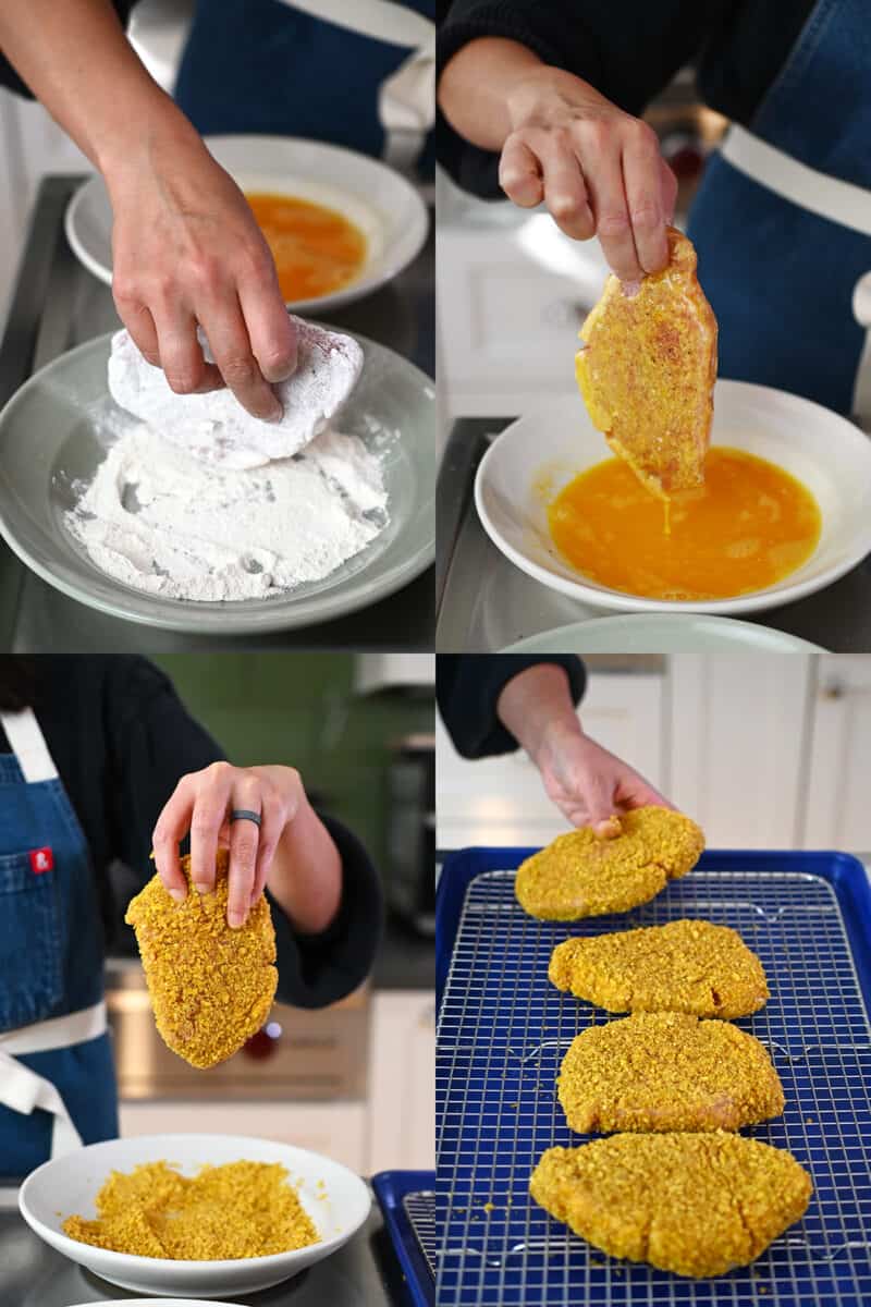 A sequence of shots that show someone dipping a boneless pork chop in cassava flour, and egg wash, and then in crushed plantain chips to make paleo tonkatsu.