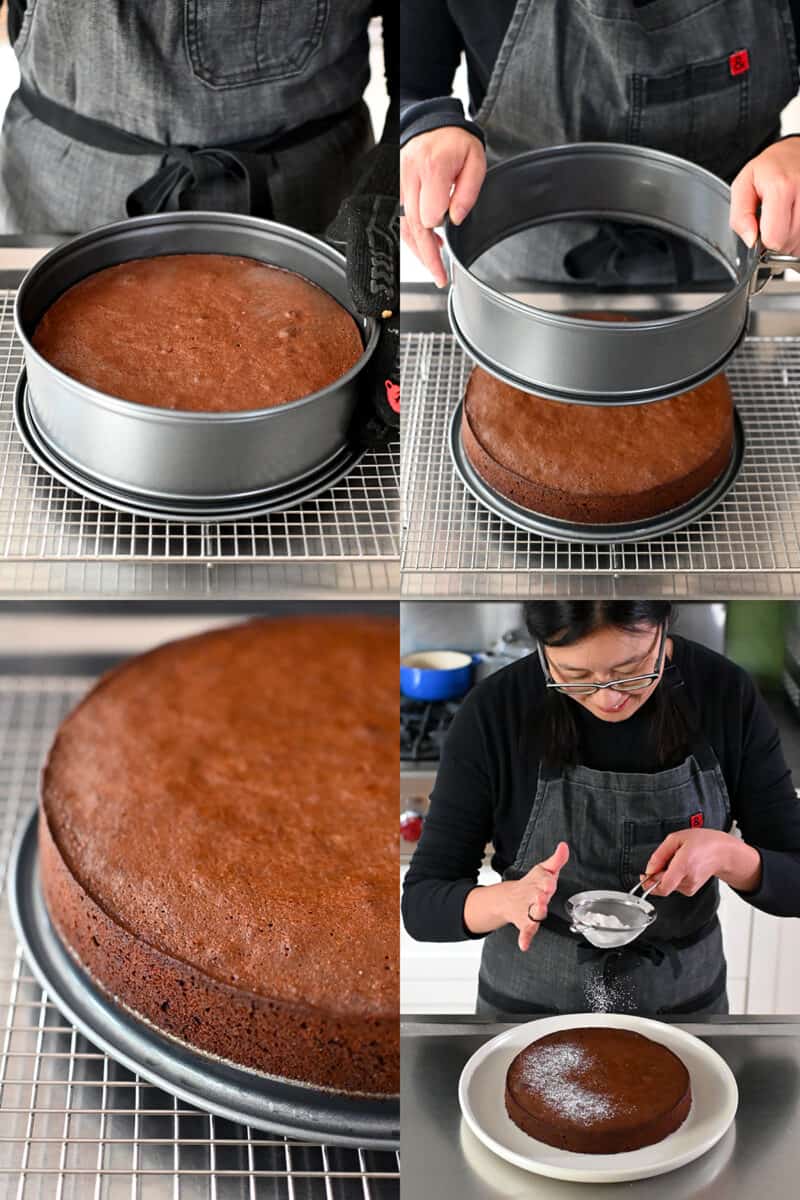 Four sequential photos that show a Torta Caprese cooling on a wire rack and removing the spring form pan sides before dusting on some powdered sugar.