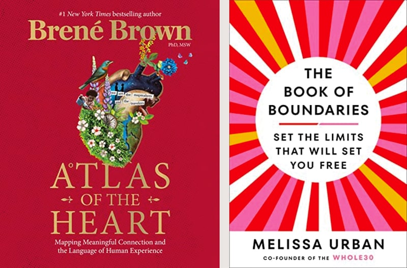 The covers of Brene Brown's Atlas of the Heart and Melissa Urban's Book of Boundaries.