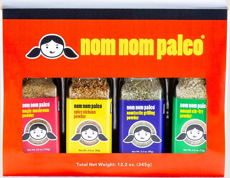 A shot of the four pack gift set of Nom Nom Paleo spice blends. 