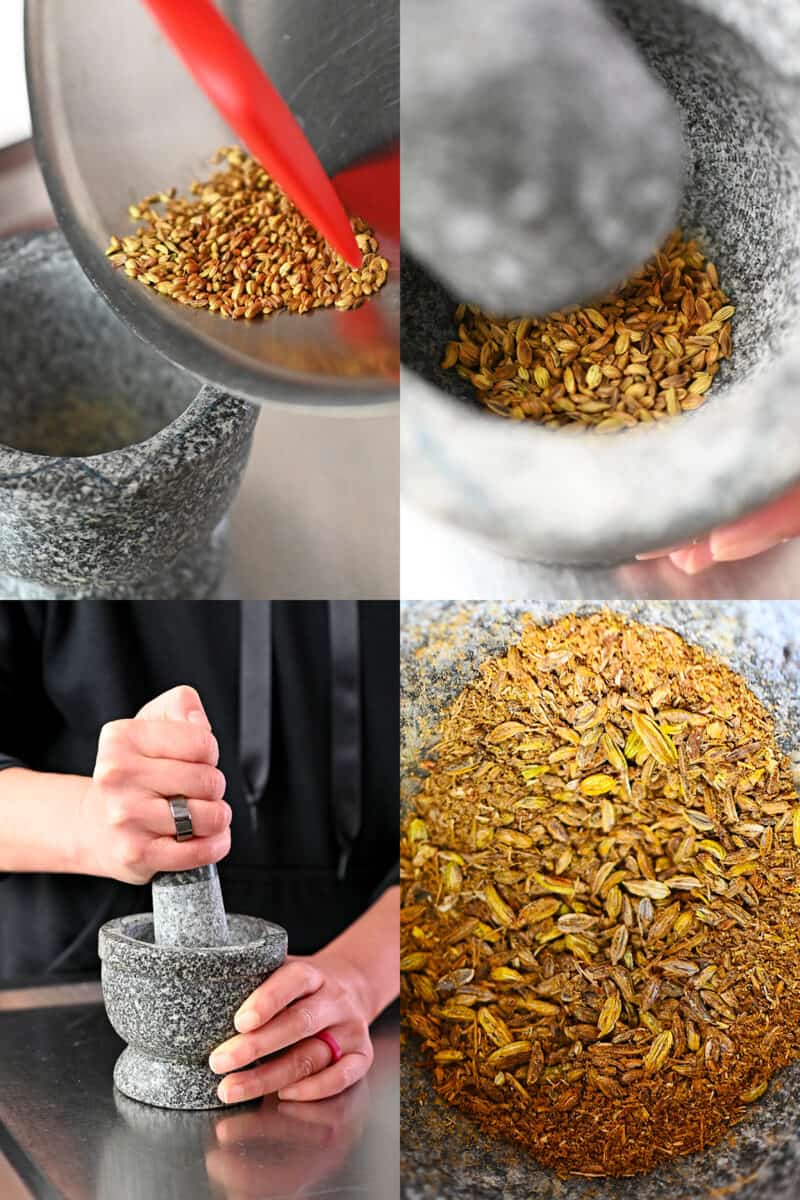 Four process shots that show toasted fennel seeds being crushed in a mortar and pestle.