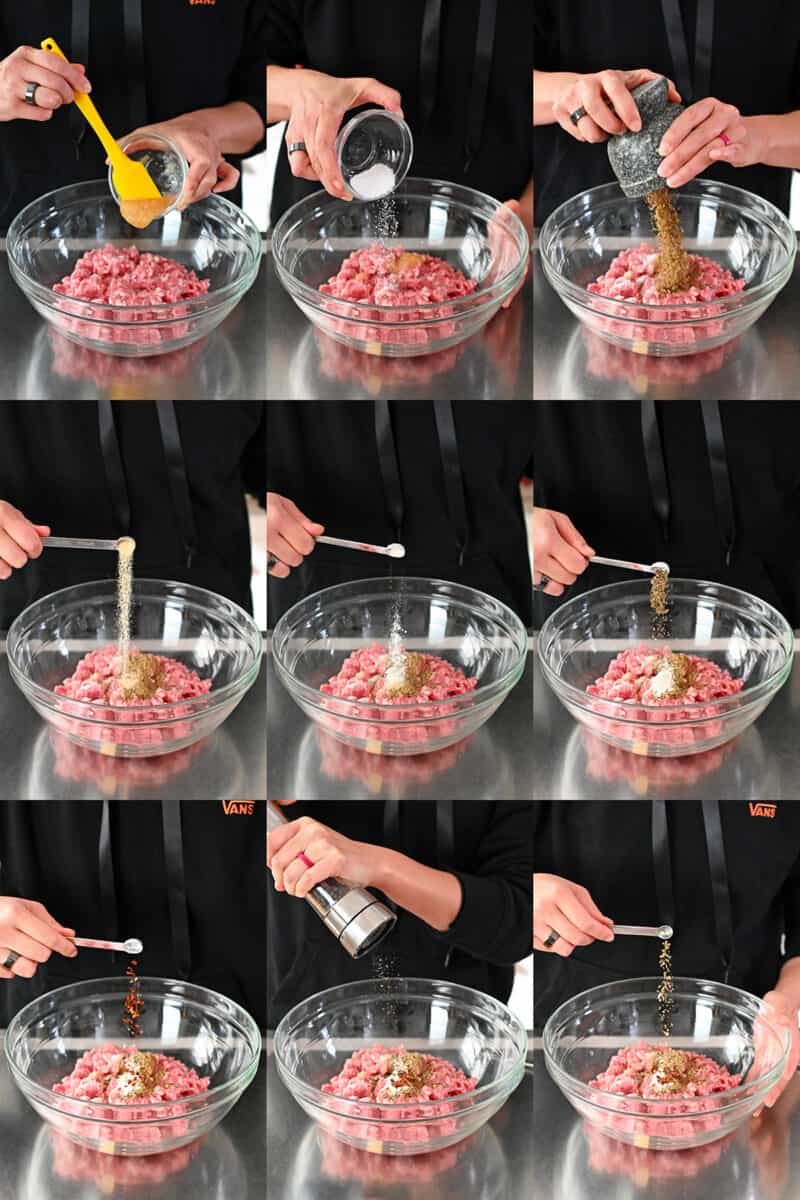 A sequence of nine photos that show the ingredients for Italian sausage being added to a bowl of ground pork.