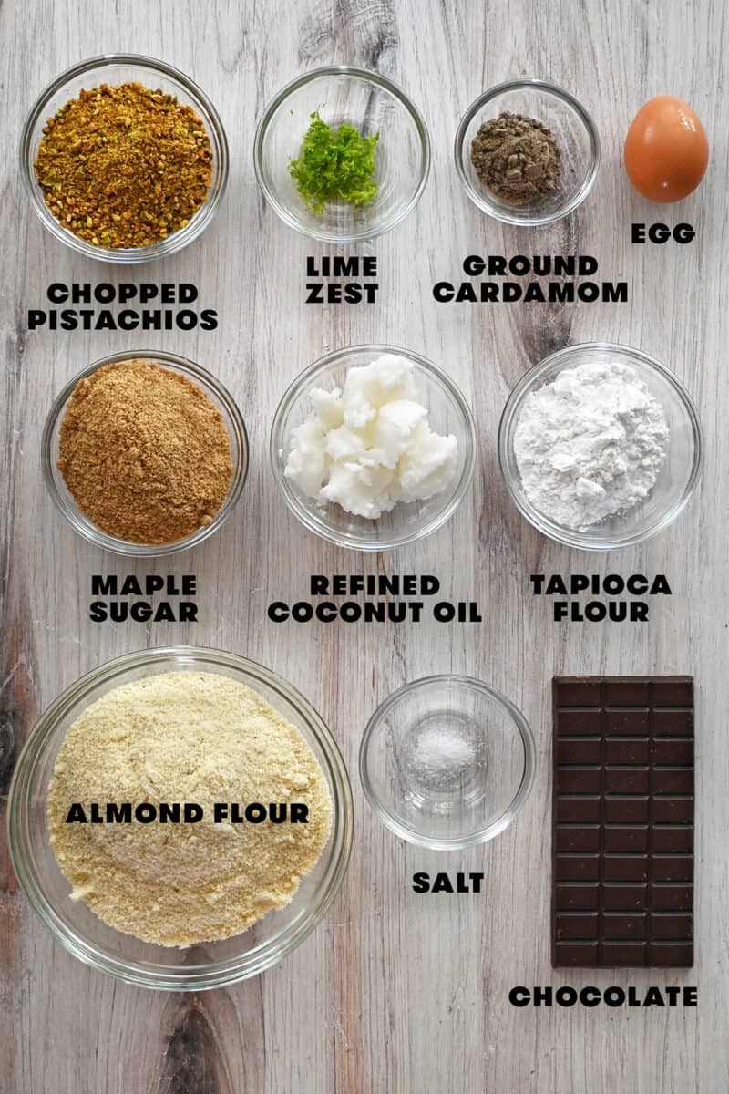An overhead shot of the ingredients to make paleo pistachio cookies.