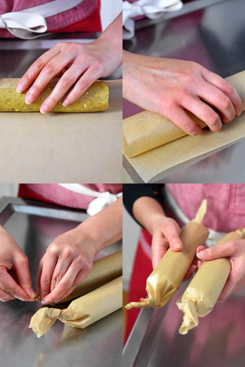 Four shots that show someone wrapping up raw cookie dough logs in unbleached parchment paper.
