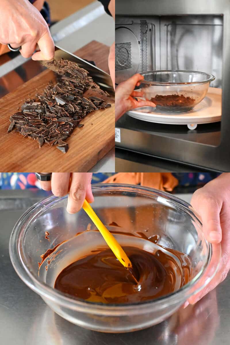 Three process shots that show finely chopped dark chocolate being melted in a bowl in the microwave. 