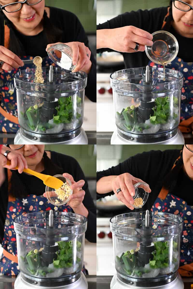 Four process shots that show an Asian woman adding the shrimp toast ingredients to a food processor.