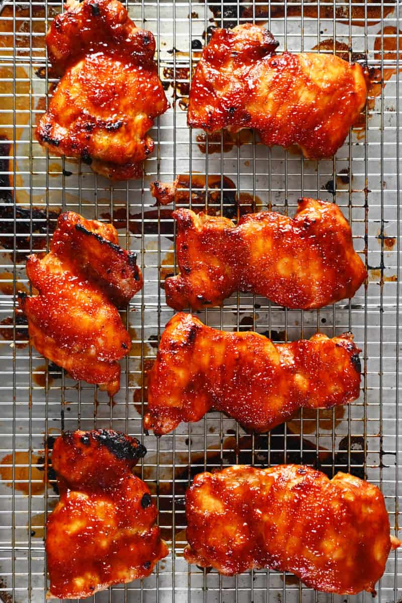 An overhead shot of a tray of Char Siu chicken right out of the oven.