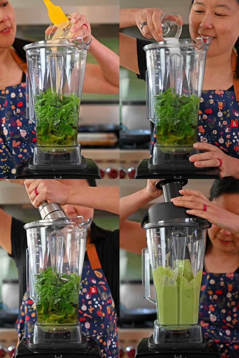 Four sequential shot that show someone adding the ingredients for vegan and Whole30 green goddess dressingi into a Vitamix blender and blending it up.