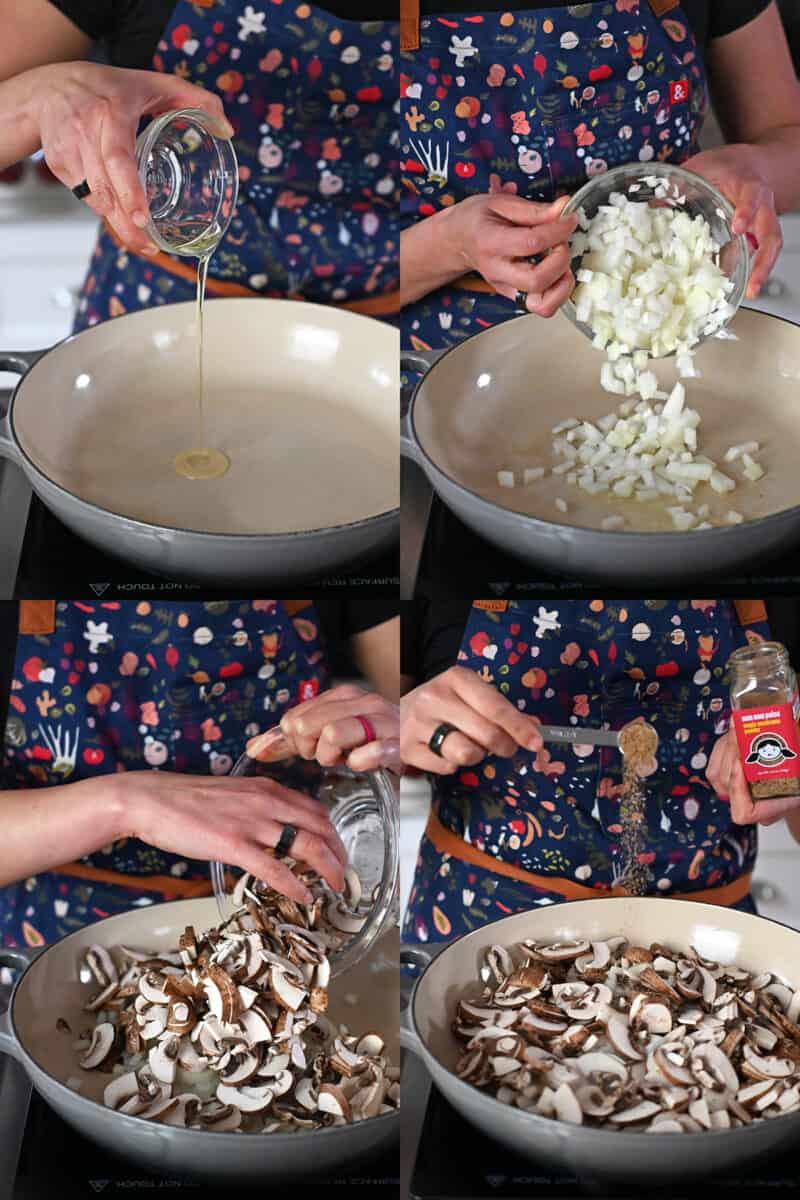 Four sequential shots that show someone adding avocado oil, chopped onions, and sliced mushrooms to a cast iron skillet.